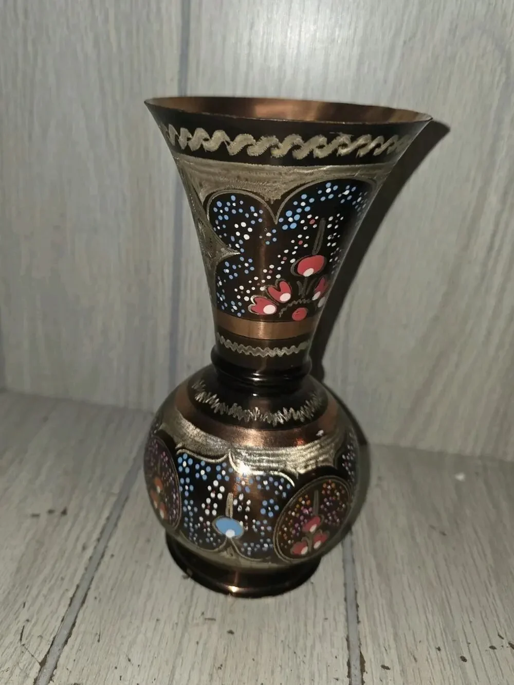 Vtg Handmade Ottoman Style MINAKARI Copper Enamel Vase Beautiful 7
